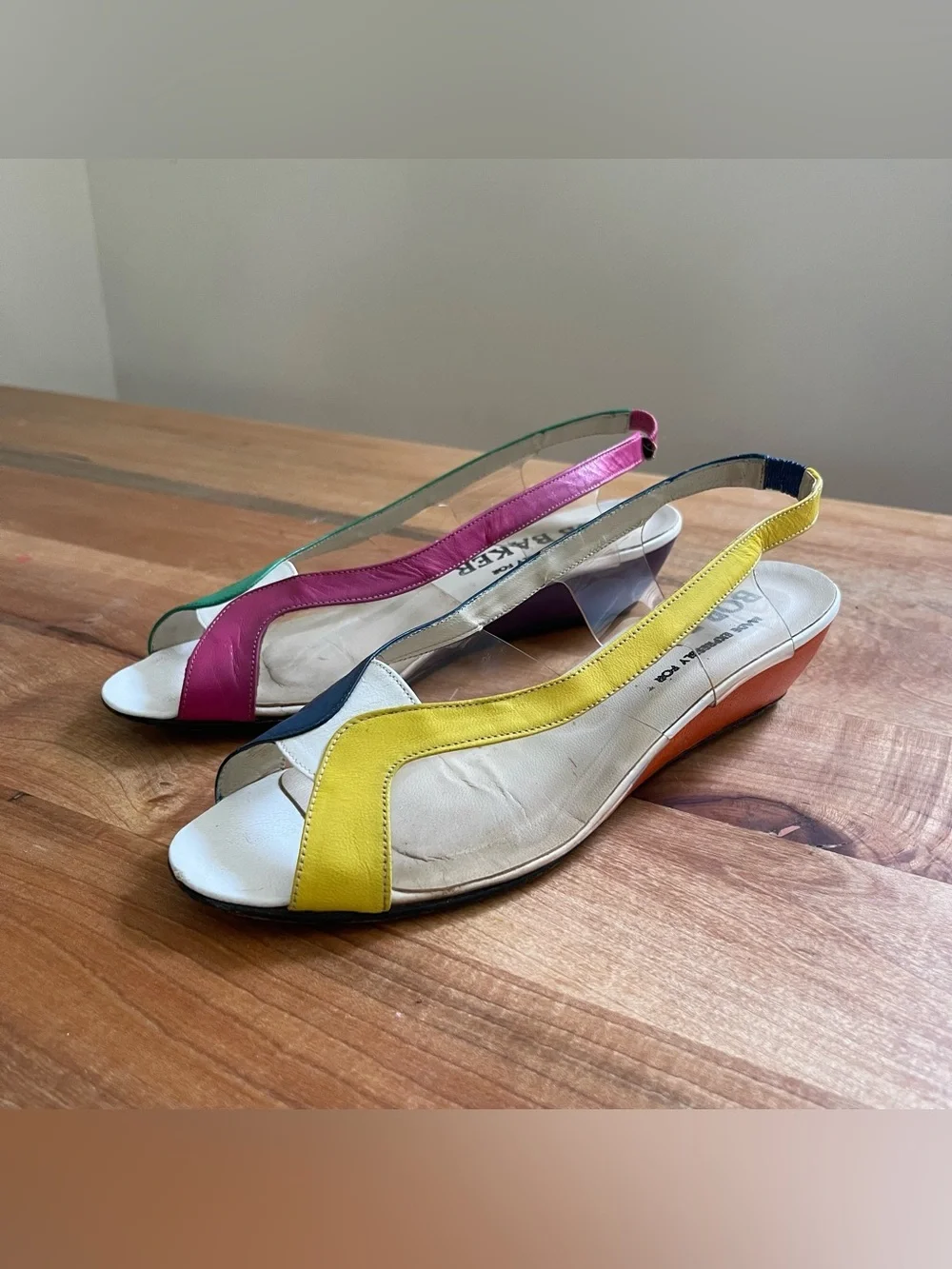 Vintage Bob Baker Slingback Low Wedge Sandals Clear Color Block Leather Size 7